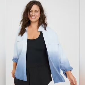 Aerie Offline Throw-Back Shacket, Eyelet Blue, Size Large